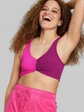 NWT Wild Fable Pink Purple Colorblock Ribbed Cinch Crop Top L